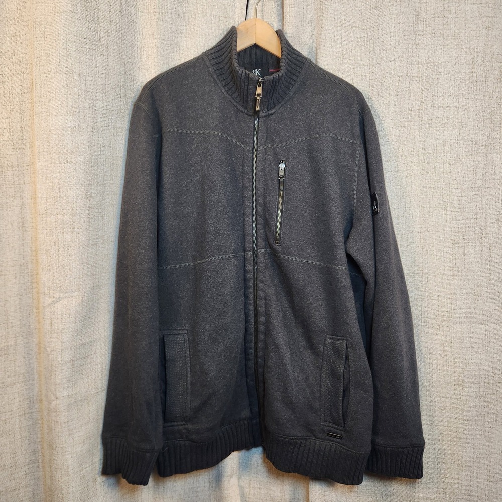 Calvin Klein Full Zip Sweater Jacket Men's LG‎ Charcoal Gray Mock Neck Pockets